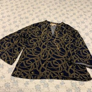 Michael Kors Gold Chain Navy Blouse Sz M LIKENEW Bare Shoulder MK gold Neckchain
